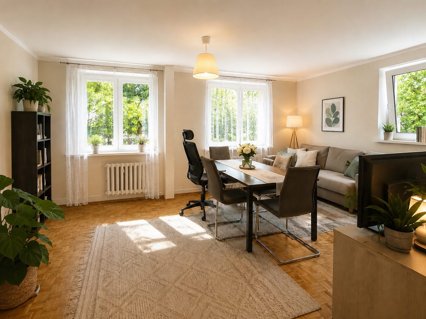 Mieszkanie 48 m² na sprzedaż w Pruszkowie – salon z widokiem na zieleń